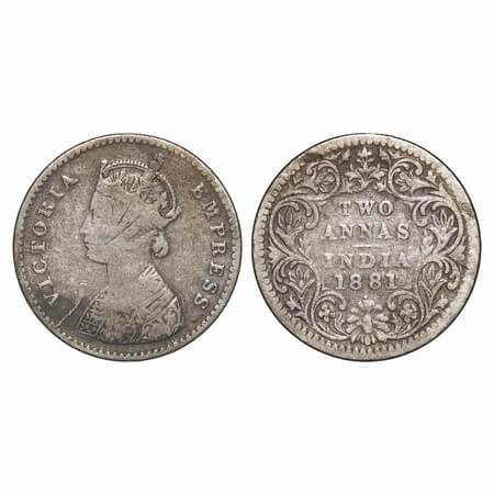 Victoria Empress, Silver, 2 Annas, 1881, Bombay Mint, A/II, Dot, Die cracks on Obv. F. Pri