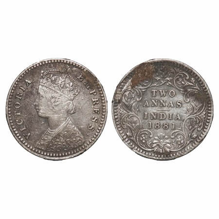 Victoria Empress, Silver, 2 Annas, 1881, Calcutta Mint, B/II, 'C' incised, Die crack on Ob