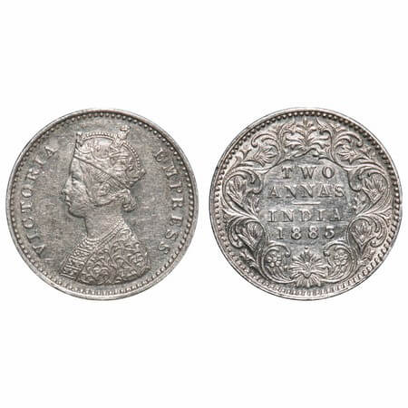 Victoria Empress, Silver, 2 Annas, 1883, Bombay Mint, A/I, Dot. F. Prid 529. GK 765. About