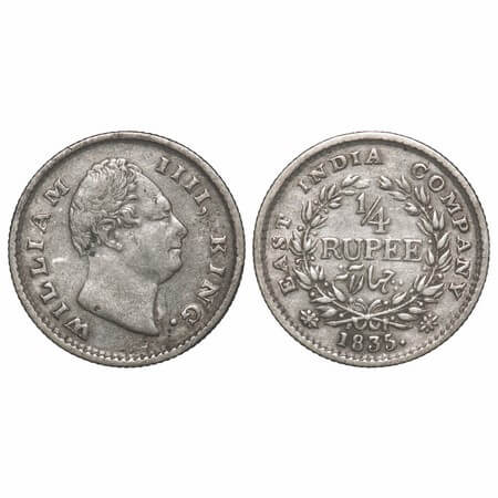 William IV, Silver, 1/4 Rupee, 1835, Calcutta Mint, A/III, Dugout f, Large & thick letters