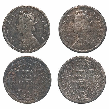 Victoria Empress, Silver, 2 Annas, (2 coins), 1883, 1886, Calcutta Mint, B/II, 'C' incused