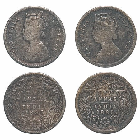 Victoria Empress, Silver, 2 Annas, (2 coins), 1885, 1) Bombay Mint, A/I, 'B' raised, 2) Ca
