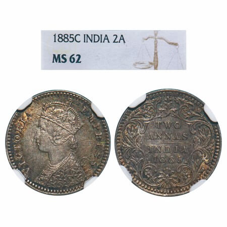 Victoria Empress, Silver, 2 Annas, 1885, Calcutta Mint, B/II, 'C' incused. F. Prid 500. GK