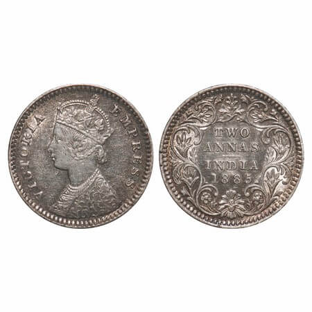 Victoria Empress, Silver, 2 Annas, 1885, Calcutta Mint, B/II, 'C' incused. F. Prid 500. GK