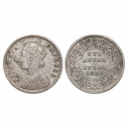 Victoria Empress, Silver, 2 Annas, 1885, Calcutta Mint, B/II, 'C' incused. F. Prid 500. GK