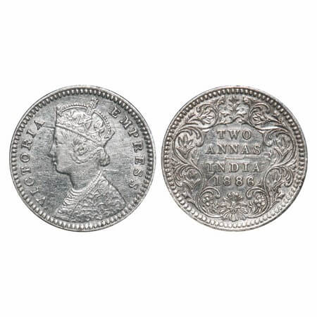 Victoria Empress, Silver, 2 Annas, 1886, Calcutta Mint, B/II, 'C' incused, Die crack on Ob