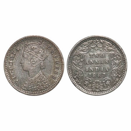 Victoria Empress, Silver, 2 Annas, 1887, Bombay Mint, B/II, 'B' incised, Die crack on Obv.