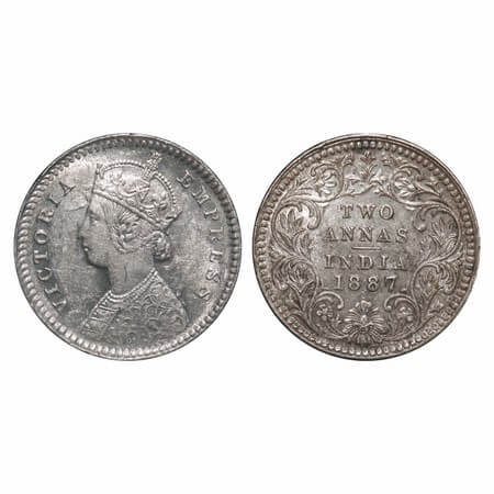 Victoria Empress, Silver, 2 Annas, 1887, Calcutta Mint, B/II, 'C' incised. F. Prid. 502. G