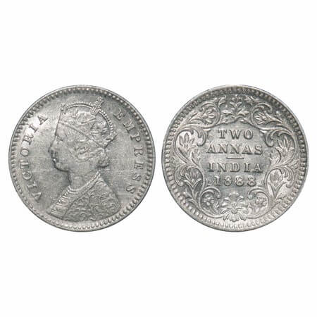 Victoria Empress, Silver, 2 Annas, 1888, Bombay Mint, B/II, 'B' incused, Ghost on Rev. F. 