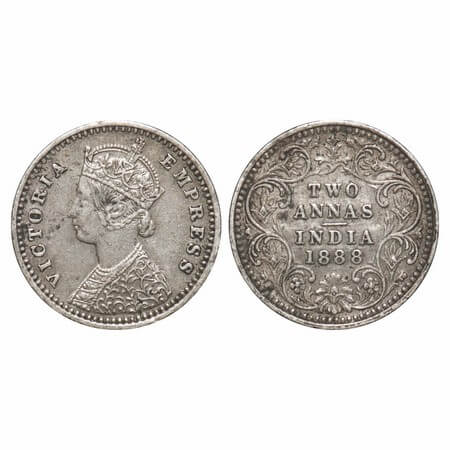 Victoria Empress, Silver, 2 Annas, 1888, Bombay Mint, B/II, 'B' incused. F. Prid 541. GK 7