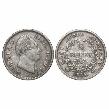 William IV, Silver, 1/4 Rupee, 1835, Calcutta Mint, A/III, 'F' raised, Large & thick lette