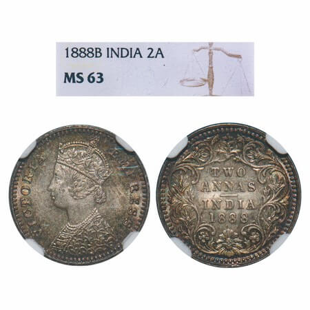Victoria Empress, Silver, 2 Annas, 1888, Bombay Mint, B/II, 'B' incused. F. Prid 541. GK 7