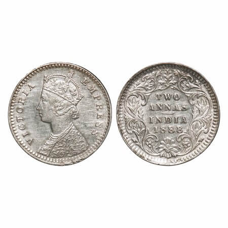 Victoria Empress, Silver, 2 Annas, 1888, Calcutta Mint, B/II, No mint mark, No 'C', Ghost 