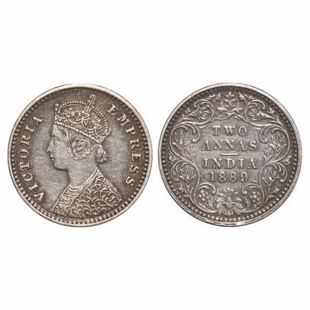 Victoria Empress, Silver, 2 Annas, 1889, Bombay Mint, B/II, 'B' incused. F. Prid 542. GK 7