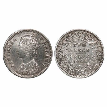 Victoria Empress, Silver, 2 Annas, 1890, Bombay Mint, B/II, 'B' incused. F. Prid 545. GK 7