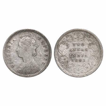 Victoria Empress, Silver, 2 Annas, 1891, Calcutta Mint, B/II, 'C' incused. F. Prid 506. GK