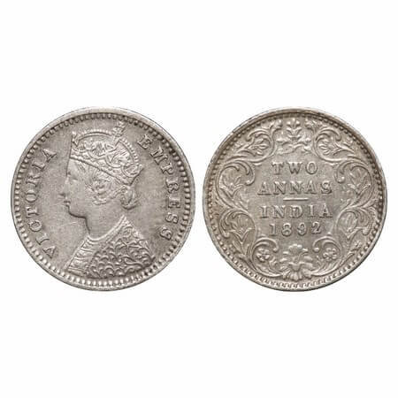 Victoria Empress, Silver, 2 Annas, 1892, Bombay Mint, B/II, 'B' incused. F. Prid 547. GK 7