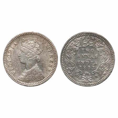 Victoria Empress, Silver, 2 Annas, 1893, Calcutta Mint, B/II, 'C' incused. F. Prid. 508. G
