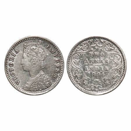 Victoria Empress, Silver, 2 Annas, 1894, Bombay Mint, B/II, 'B' incused. F. Prid 549. GK 8