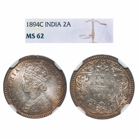 Victoria Empress, Silver, 2 Annas, 1894, Calcutta Mint, B/II, 'C' incused. F. Prid 509. GK