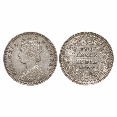 Victoria Empress, Silver, 2 Annas, 1896, Calcutta Mint, B/II, 'C' incused. F. Prid 511. GK