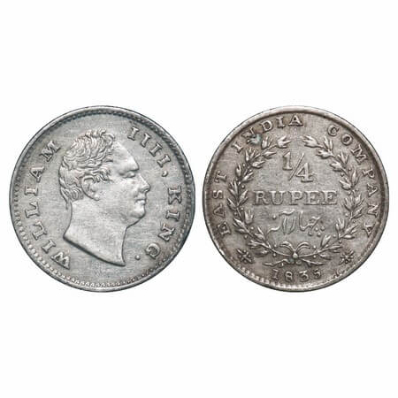 William IV, Silver, 1/4 Rupee, 1835, Bombay Mint, A/I, No initials, Rev aligned, Small dat