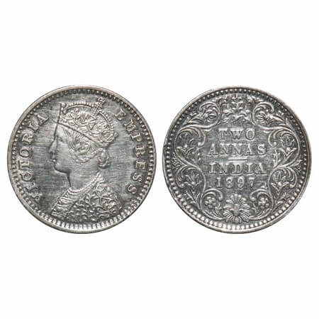 Victoria Empress, Silver, 2 Annas, 1897, Bombay Mint, B/II, 'B' incused. F. Prid 551. GK 8