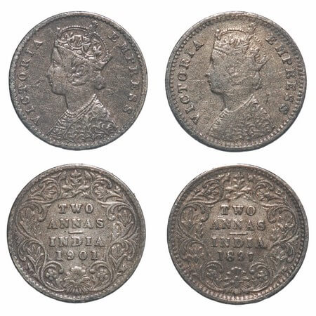 Victoria Empress, Silver, 2 Annas, (2 coins), 1) 1897, Bombay Mint, B/II, 'B' incused, 2) 