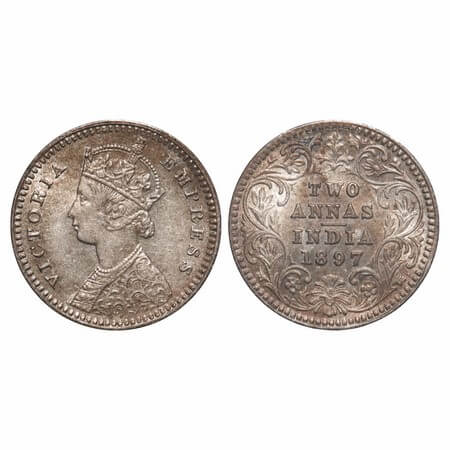 Victoria Empress, Silver, 2 Annas, 1897, Calcutta Mint, B/II, 'C' incused. F. Prid 512. GK