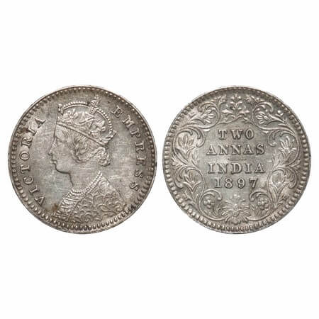 Victoria Empress, Silver, 2 Annas, 1897, Calcutta Mint, B/II, 'C' incused. F. Prid. 512. G
