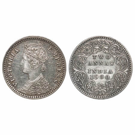 Victoria Empress, Silver, 2 Annas, 1900, Bombay Mint, B/I, 'B' raised, Die crack on Obv. F