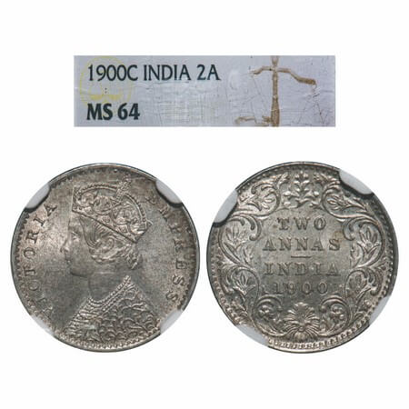 Victoria Empress, Silver, 2 Annas, 1900, Calcutta Mint, B/II, 'C' incused. F. Prid 514. GK