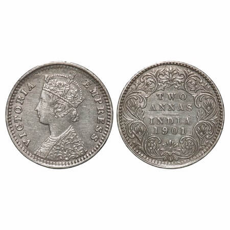 Victoria Empress, Silver, 2 Annas, 1901, Bombay Mint, B/I, 'B' incused. F. Prid. 555. GK 8