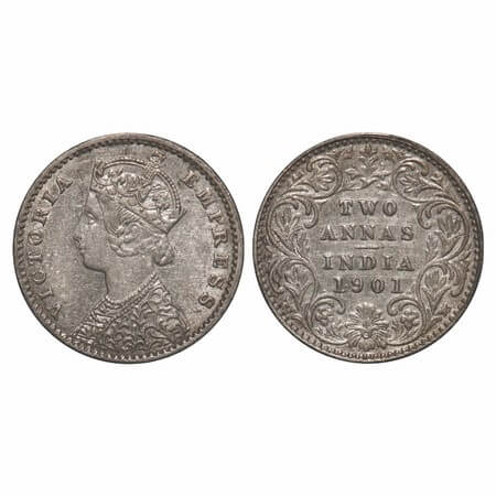 Victoria Empress, Silver, 2 Annas, 1901, Calcutta Mint, B/II, 'C' incused. F. Prid. 515. G