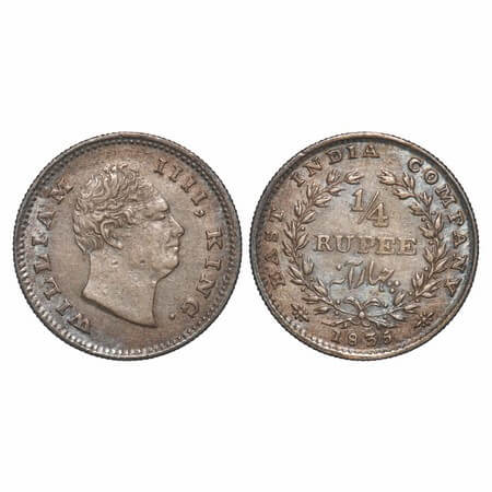 William IV, Silver, 1/4 Rupee, 1835, Bombay Mint, A/I, Rev aligned, No initials, Large & t
