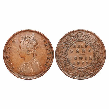 Victoria Empress, Copper, Half Anna, 1877, Bombay Mint, B/II, Numeral 77 narrow, The Queen