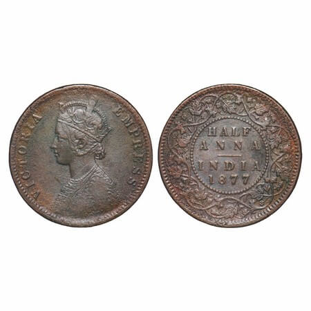 Victoria Empress, Copper, Half Anna, 1877, Calcutta Mint, C/II, Numeral 77 broad, The Quee