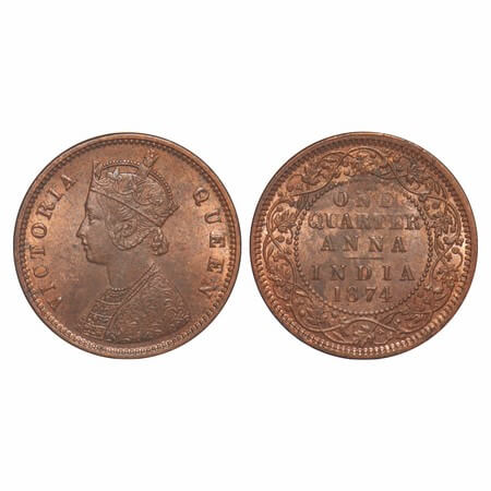 Victoria Queen, Copper, Quarter Anna, 1874, Calcutta Mint, B/II, No mint mark. F. Prid 608