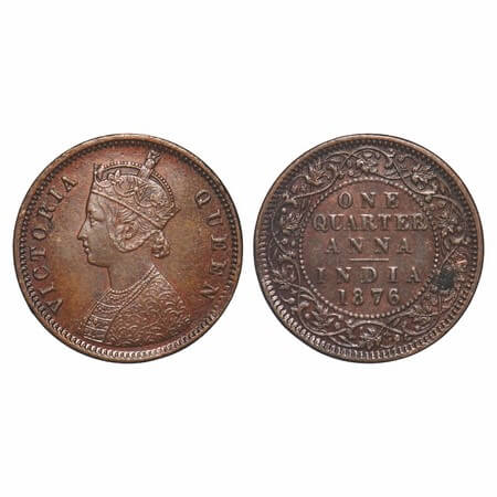Victoria Queen, Copper, Quarter Ana, 1876, Calcutta Mint, B/II, No mint mark. F. Prid. 610