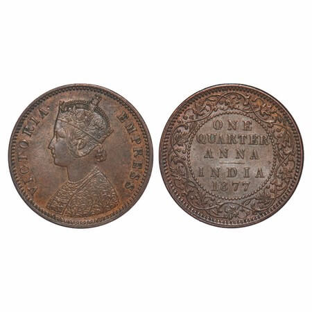 Victoria Empress, Copper, Quarter Anna, 1877, Calcutta Mint, B/II, No mint mark. F. Prid 6