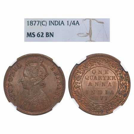 Victoria Empress, Copper, Quarter Anna, 1877, Calcutta Mint, B/II, No mint mark. F. Prid 6