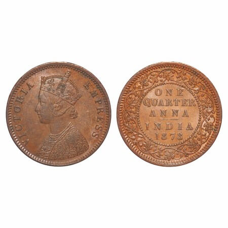 Victoria Empress, Copper, Quarter Anna, 1878, Calcutta Mint, B/II, No mint mark. F. Prid 6