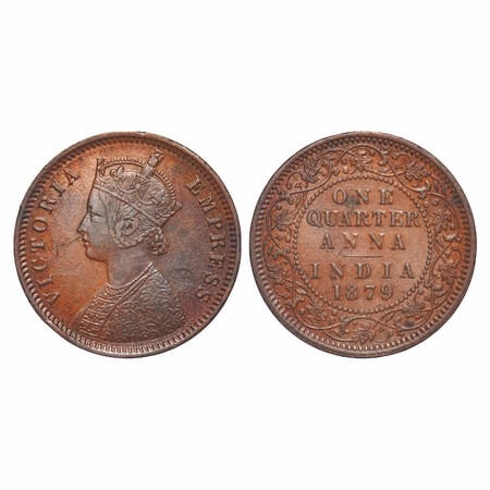 Victoria Empress, Copper, Quarter Anna, 1879, Calcutta Mint, B/II, 'C' incused. F. Prid 61