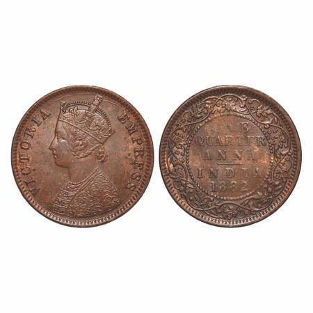 Victoria Empress, Copper, Quarter Anna, 1882, Calcutta Mint, B/II, 'C' incused, Die cracks