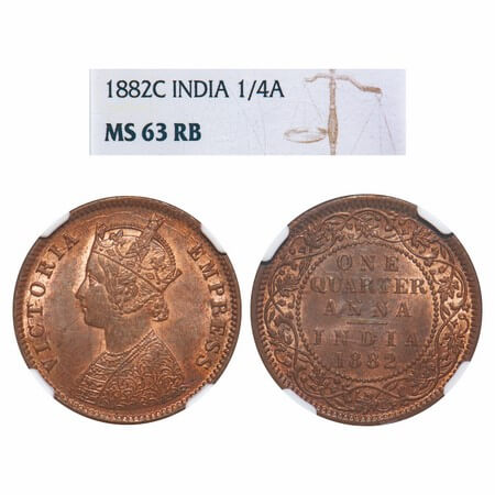 Victoria Empress, Copper, Quarter Anna, 1882, Calcutta Mint, B/II, 'C' incused. F. Prid 61