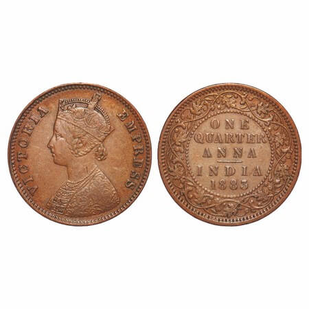 Victoria Empress, Copper, Quarter Anna, 1883, Calcutta Mint, B/II, 'C' incused. F. Prid 61