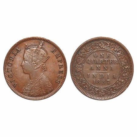 Victoria Empress, Copper, Quarter Anna, 1887, Calcutta Mint, B/II, 'C' incused, Die cracks