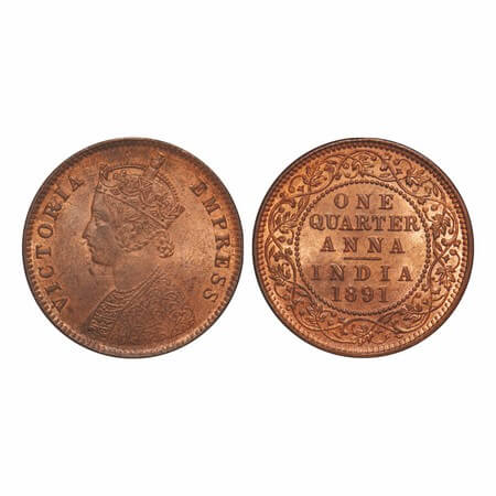 Victoria Empress, Copper, Quarter Anna, 1891, Calcutta Mint, B/II, No mint mark, Broken to