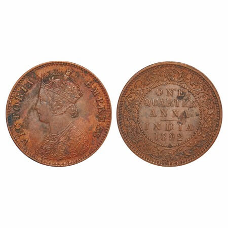 Victoria Empress, Copper, Quarter Anna, 1892, Calcutta Mint, B/II, No mint mark. F. Prid 6