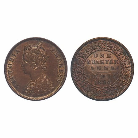 Victoria Empress, Copper, Quarter Anna, 1894, Calcutta Mint, B/II, No mint mark, Die crack
